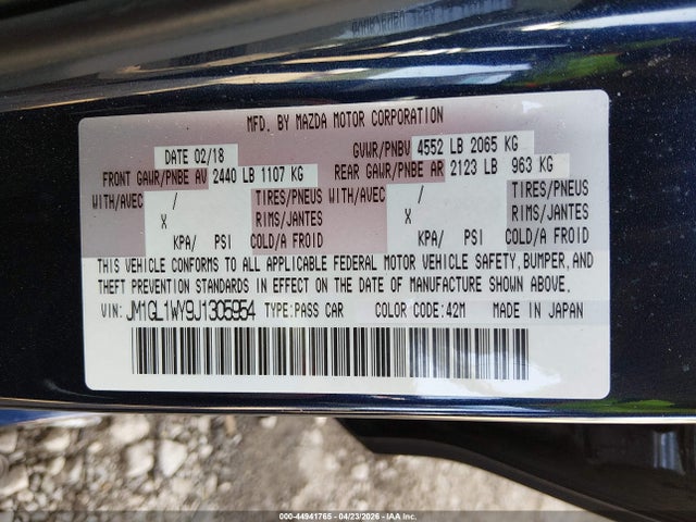 2018 Mazda Mazda6 Grand Touring Reserve მანქანა იყიდება აუქციონზე, vin: JM1GL1WY9J1305954, აუქციონის ნომერი: 44941765