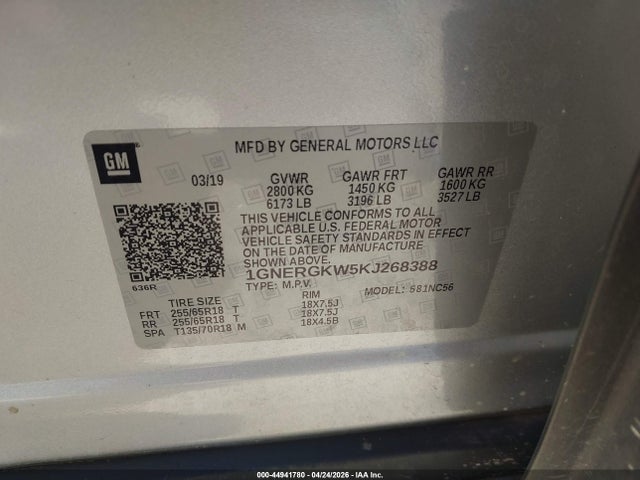 44941780 :رقم المزاد ، 1GNERGKW5KJ268388 vin ، 2019 Chevrolet Traverse 1lt مزاد بيع