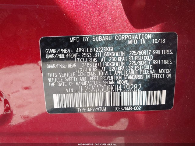 Aukcja sprzedaży 2019 Subaru Forester Premium, vin: JF2SKAGC6KH439282, numer aukcji: 44941785