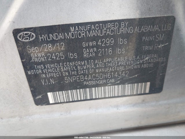 2013 Hyundai Sonata Gls მანქანა იყიდება აუქციონზე, vin: 5NPEB4AC5DH614342, აუქციონის ნომერი: 44941786
