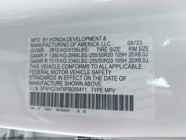5FNYG1H76PB055411 Honda Pilot Awd Touring