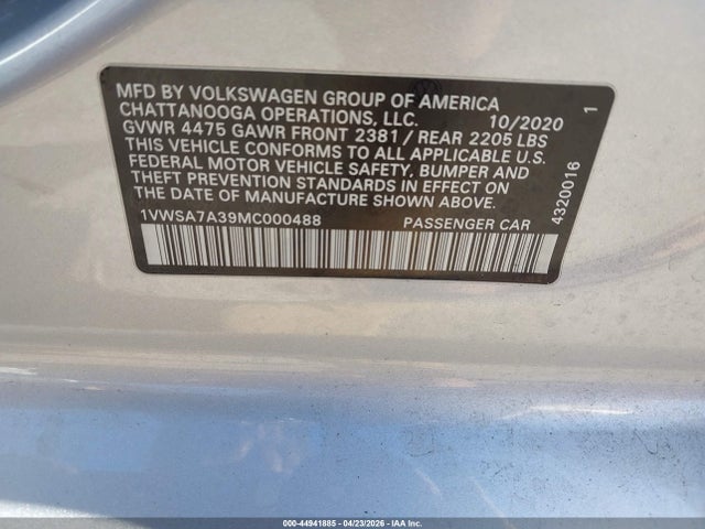 44941885 :رقم المزاد ، 1VWSA7A39MC000488 vin ، 2021 Volkswagen Passat 2.0t Se مزاد بيع