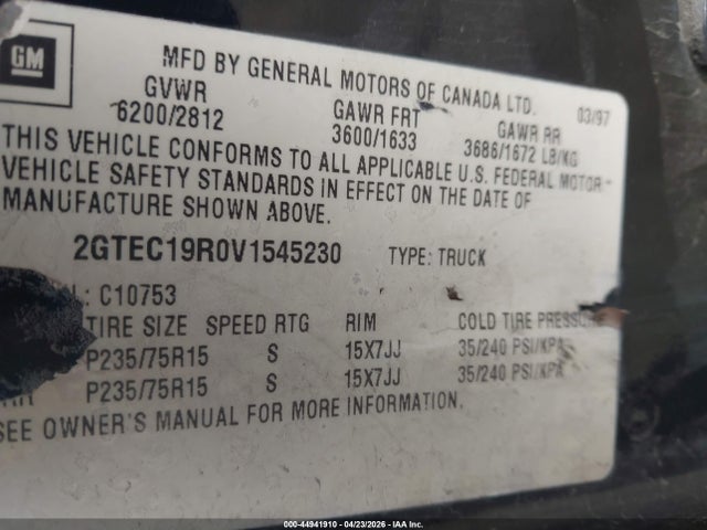 Продаж на аукціоні авто 1997 Gmc Sierra 1500 Sl Wideside, vin: 2GTEC19R0V1545230, номер лоту: 44941910