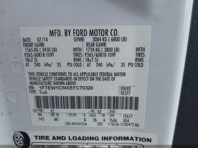 44941911 :رقم المزاد ، 1FTEW1CMXEFC70320 vin ، 2014 Ford F-150 Xlt مزاد بيع
