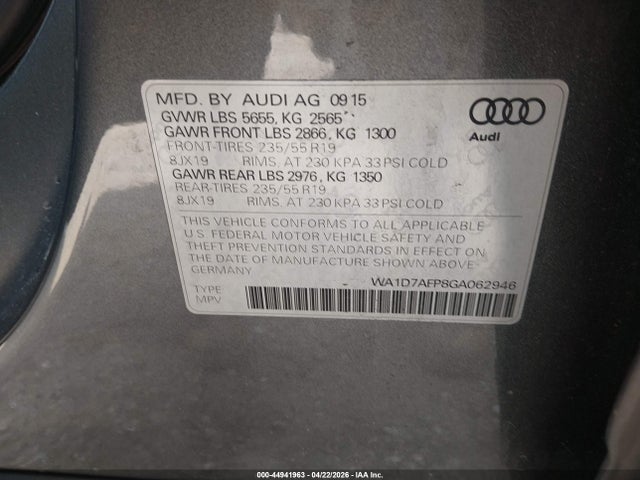 44941963 :رقم المزاد ، WA1D7AFP8GA062946 vin ، 2016 Audi Q5 3.0t Premium Plus مزاد بيع