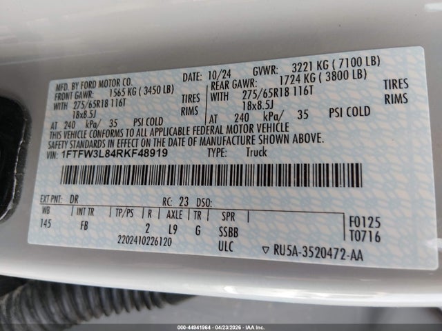 Продаж на аукціоні авто 2024 Ford F-150 Xlt, vin: 1FTFW3L84RKF48919, номер лоту: 44941964