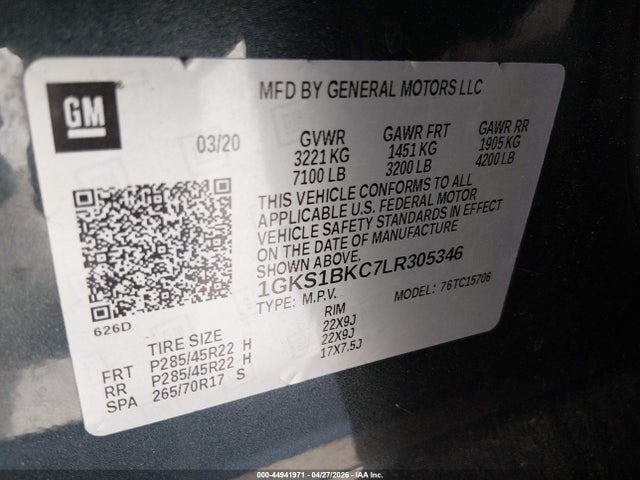 44941971 :رقم المزاد ، 1GKS1BKC7LR305346 vin ، 2020 Gmc Yukon 2wd Slt مزاد بيع