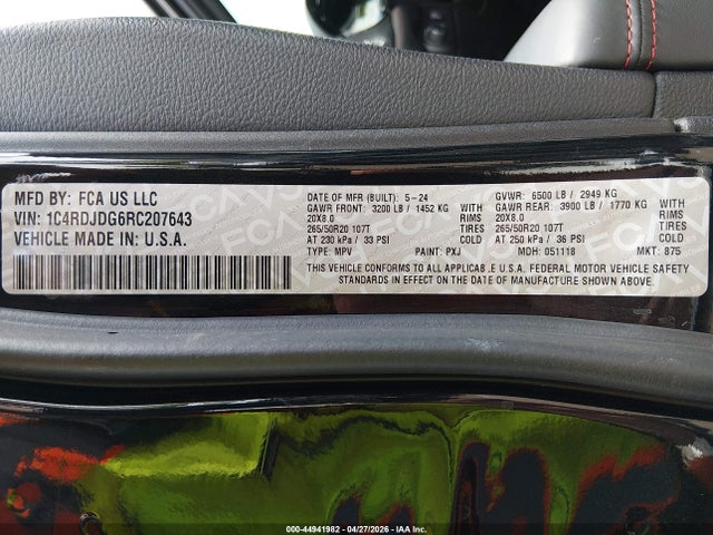 Продажа на аукционе авто 2024 Dodge Durango Gt Plus Awd, vin: 1C4RDJDG6RC207643, номер лота: 44941982