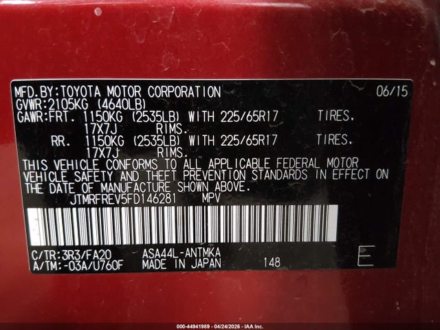 2015 Toyota Rav4 Xle მანქანა იყიდება აუქციონზე, vin: JTMRFREV5FD146281, აუქციონის ნომერი: 44941989