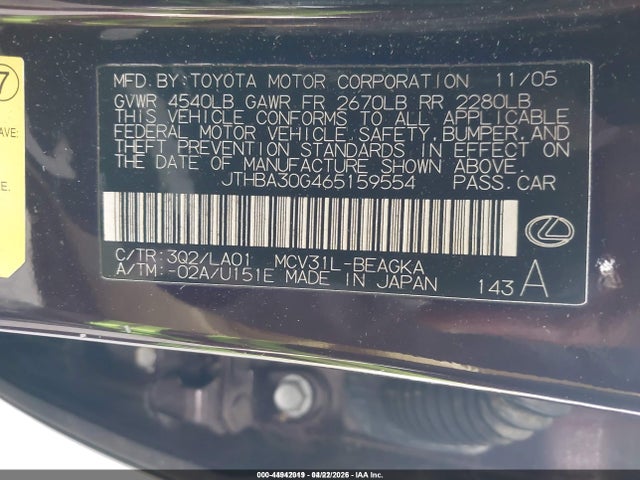 Продажа на аукционе авто 2006 Lexus Es 330, vin: JTHBA30G465159554, номер лота: 44942019