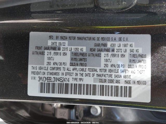 44942020 :رقم المزاد ، 3MVDMBBL0NM452414 vin ، 2022 Mazda Cx-30 Select مزاد بيع