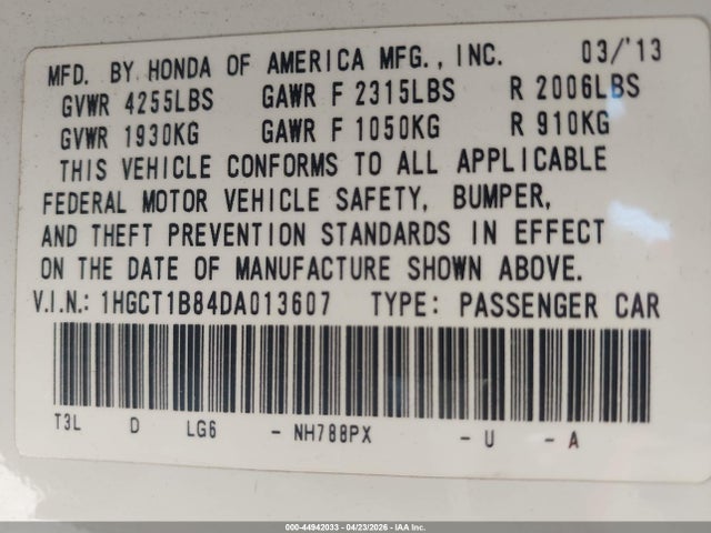 2013 Honda Accord Ex-l მანქანა იყიდება აუქციონზე, vin: 1HGCT1B84DA013607, აუქციონის ნომერი: 44942033
