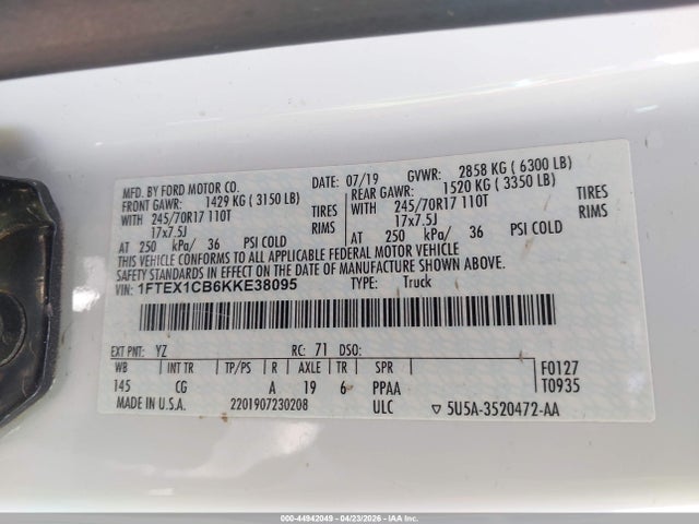 2019 Ford F-150 Xl მანქანა იყიდება აუქციონზე, vin: 1FTEX1CB6KKE38095, აუქციონის ნომერი: 44942049