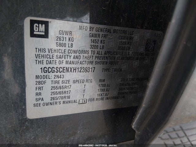 Aukcja sprzedaży 2017 Chevrolet Colorado Lt, vin: 1GCGSCENXH1239317, numer aukcji: 44942062