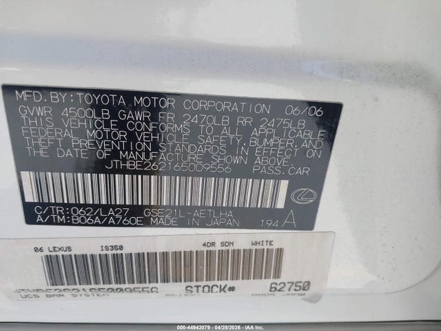 Продаж на аукціоні авто 2006 Lexus Is 350, vin: JTHBE262165009556, номер лоту: 44942079