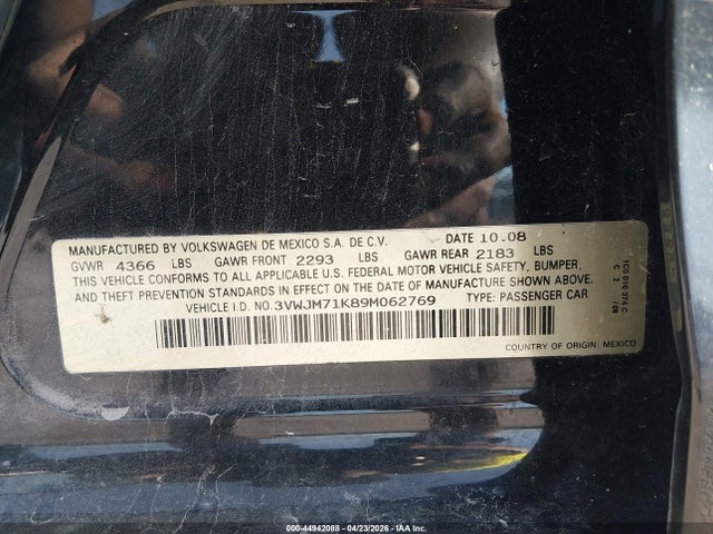 2009 Volkswagen Jetta S მანქანა იყიდება აუქციონზე, vin: 3VWJM71K89M062769, აუქციონის ნომერი: 44942088