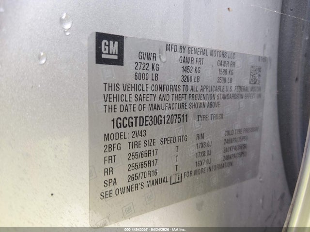 2016 Chevrolet Colorado Z71 მანქანა იყიდება აუქციონზე, vin: 1GCGTDE30G1207511, აუქციონის ნომერი: 44942097