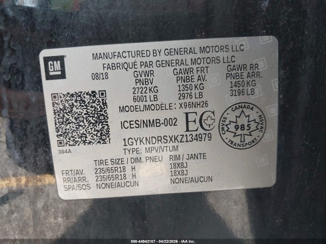 Aukcja sprzedaży 2019 Cadillac Xt5 Luxury, vin: 1GYKNDRSXKZ134979, numer aukcji: 44942107
