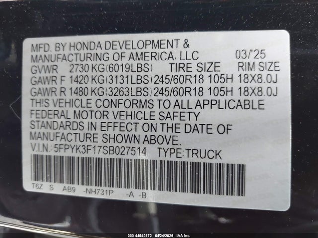 Honda Ridgeline Sport 2025 5FPYK3F17SB027514 Image 9