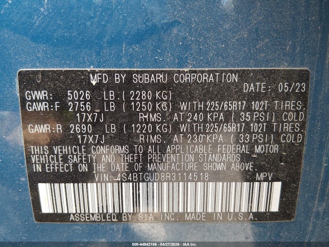 Aukcja sprzedaży 2024 Subaru Outback Wilderness, vin: 4S4BTGUD8R3114518, numer aukcji: 44942186