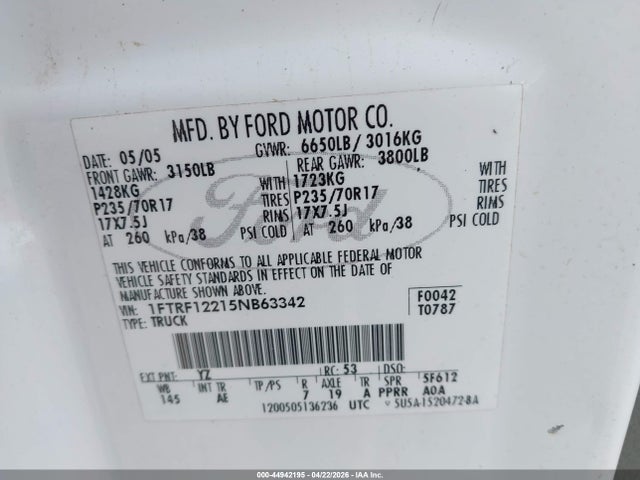 Aukcja sprzedaży 2005 Ford F-150 Stx/xl/xlt, vin: 1FTRF12215NB63342, numer aukcji: 44942195