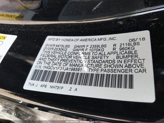 2018 Honda Accord Sport მანქანა იყიდება აუქციონზე, vin: 1HGCV1F31JA198591, აუქციონის ნომერი: 44942205