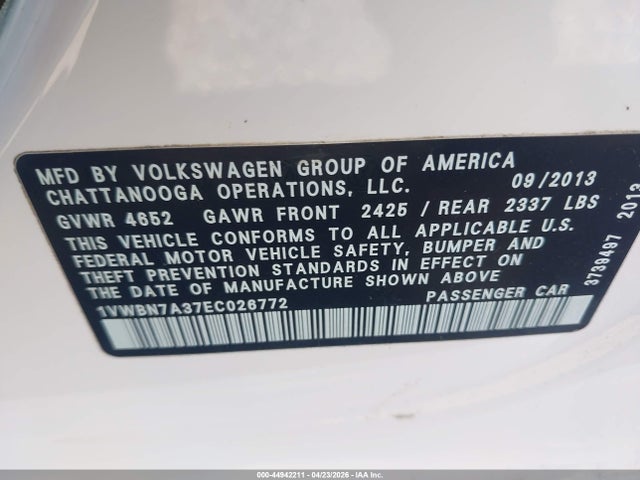 Продаж на аукціоні авто 2014 Volkswagen Passat 2.0l Tdi Se, vin: 1VWBN7A37EC026772, номер лоту: 44942211