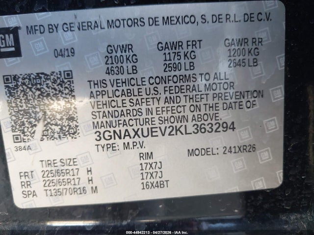 Aukcja sprzedaży 2019 Chevrolet Equinox Lt, vin: 3GNAXUEV2KL363294, numer aukcji: 44942213