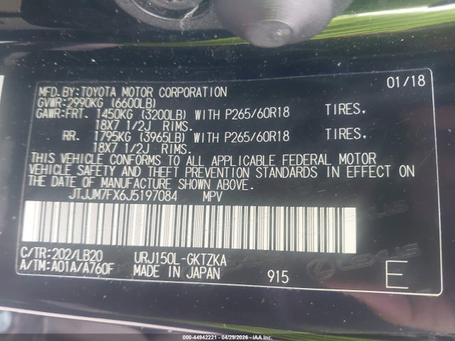 Продажа на аукционе авто 2018 Lexus Gx 460 Luxury, vin: JTJJM7FX6J5197084, номер лота: 44942221