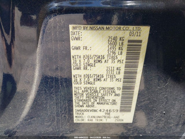 44942222 :رقم المزاد ، 1N6AD0EV0BC424659 vin ، 2011 Nissan Frontier Pro-4x مزاد بيع