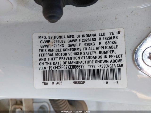Aukcja sprzedaży 2019 Honda Civic Lx, vin: 19XFC2F67KE006672, numer aukcji: 44942227