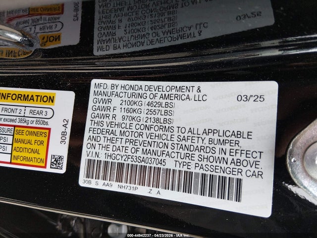 Auction sale of the 2025 Honda Accord Hybrid Sport, vin: 1HGCY2F53SA037045, lot number: 44942237