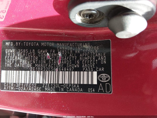 44942238 :رقم المزاد ، 2T1BR32E56C648487 vin ، 2006 Toyota Corolla S مزاد بيع