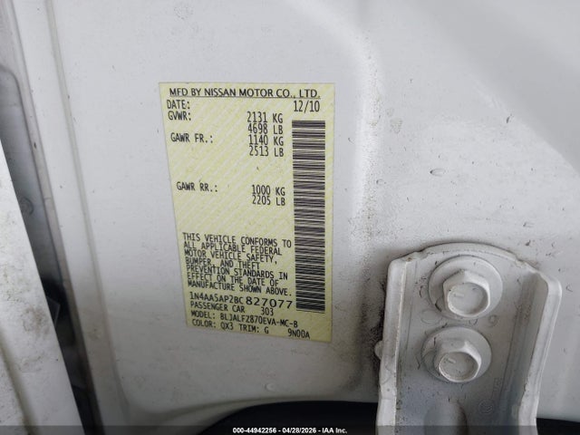 Aukcja sprzedaży 2011 Nissan Maxima 3.5 Sv, vin: 1N4AA5AP2BC827077, numer aukcji: 44942256