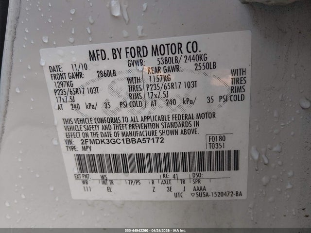 Продажа на аукционе авто 2011 Ford Edge Se, vin: 2FMDK3GC1BBA57172, номер лота: 44942260