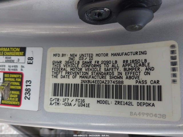 44942273 :رقم المزاد ، 1NXBU4EE0AZ374588 vin ، 2010 Toyota Corolla Le مزاد بيع