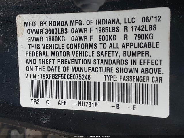 44942278 :رقم المزاد ، 19XFB2F50CE075246 vin ، 2012 Honda Civic Lx مزاد بيع