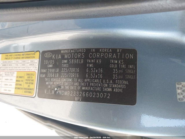 2006 Kia Sedona Ex/lx მანქანა იყიდება აუქციონზე, vin: KNDMB233266023072, აუქციონის ნომერი: 44942286