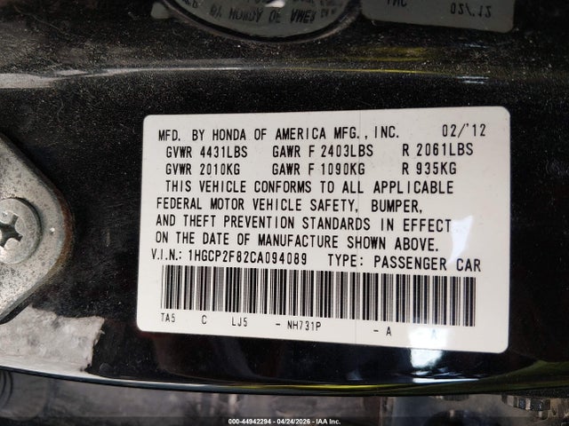 Aukcja sprzedaży 2012 Honda Accord 2.4 Ex-l, vin: 1HGCP2F82CA094089, numer aukcji: 44942294