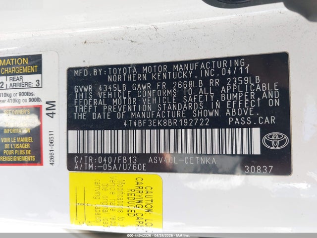 2011 Toyota Camry Le მანქანა იყიდება აუქციონზე, vin: 4T4BF3EK8BR192722, აუქციონის ნომერი: 44942326