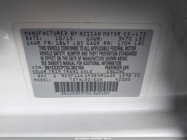 Nissan Versa Note S (sr)/s Plus/sl/sr/sv 2016 3N1CE2CP7GL362104 Image 9