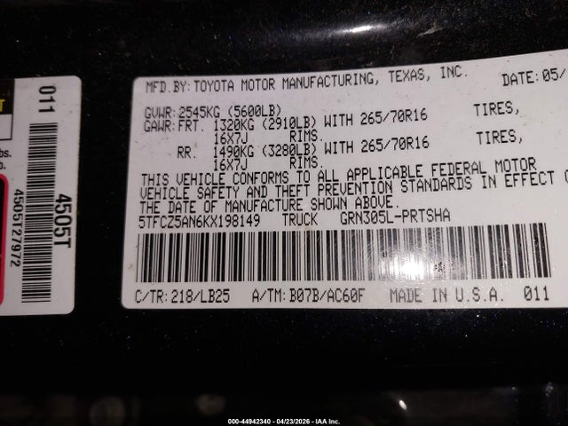 5TFCZ5AN6KX198149 Toyota Tacoma Trd Pro