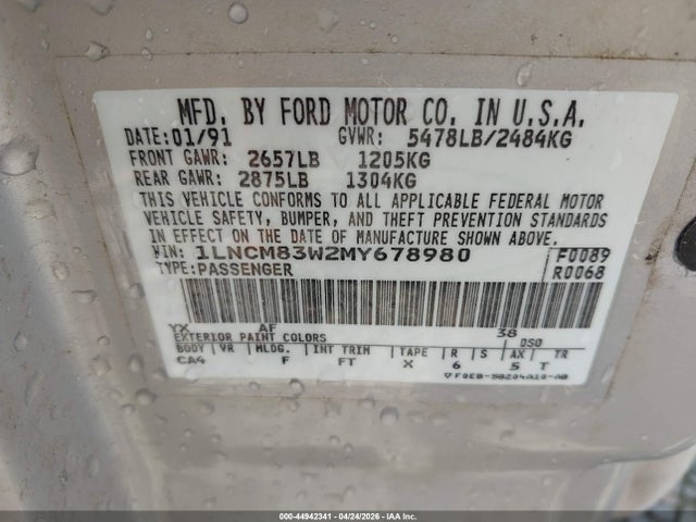 44942341 :رقم المزاد ، 1LNCM83W2MY678980 vin ، 1991 Lincoln Town Car Cartier مزاد بيع