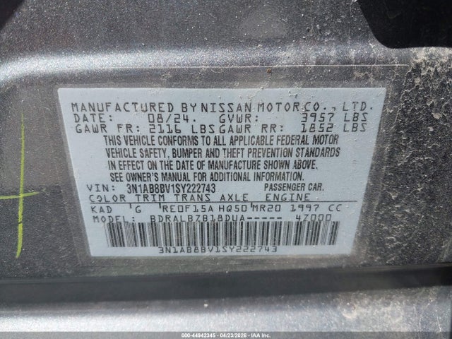 Aukcja sprzedaży 2025 Nissan Sentra S, vin: 3N1AB8BV1SY222743, numer aukcji: 44942345