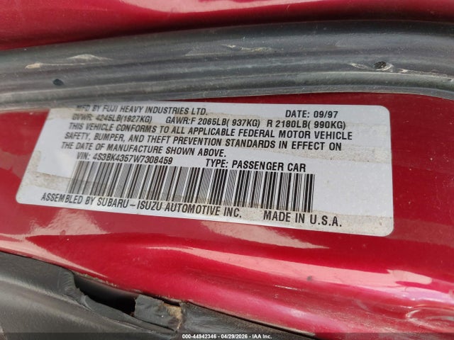 Продаж на аукціоні авто 1998 Subaru Legacy L/right Hand Postal Drive, vin: 4S3BK4357W7308459, номер лоту: 44942346