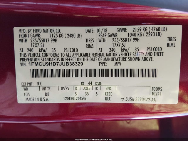 44942352 :رقم المزاد ، 1FMCU9HD7JUB38329 vin ، 2018 Ford Escape Sel مزاد بيع