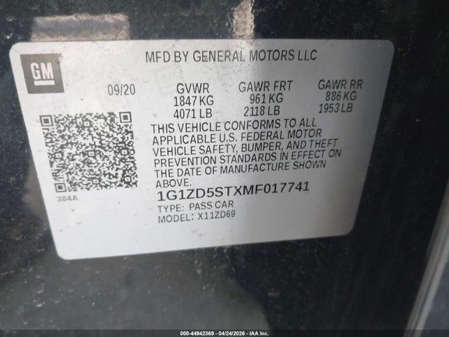 1G1ZD5STXMF017741 Chevrolet Malibu Fwd Lt
