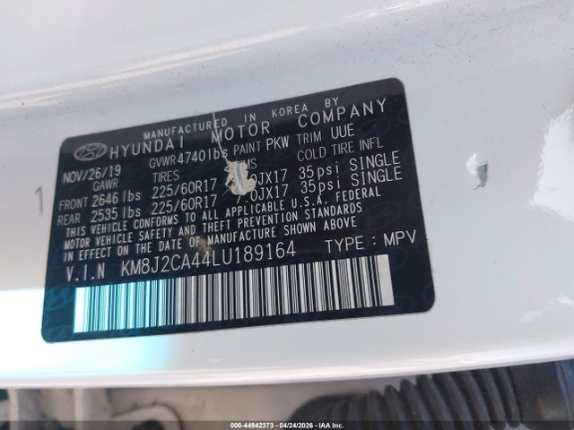 44942373 :رقم المزاد ، KM8J2CA44LU189164 vin ، 2020 Hyundai Tucson Se مزاد بيع