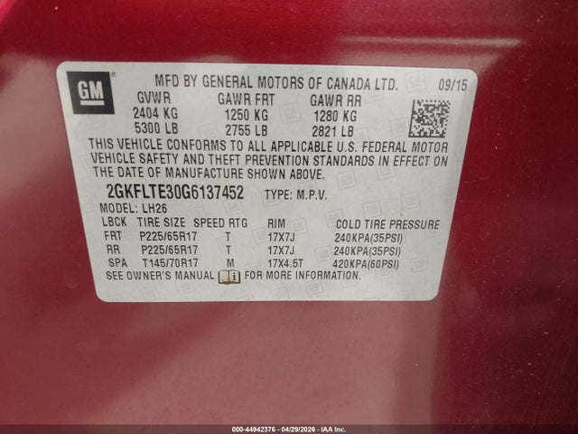 44942376 :رقم المزاد ، 2GKFLTE30G6137452 vin ، 2016 Gmc Terrain Sle-2 مزاد بيع
