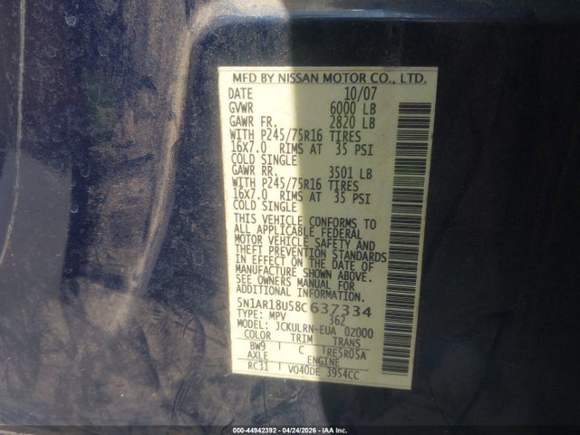Продажа на аукционе авто 2008 Nissan Pathfinder S, vin: 5N1AR18U58C637334, номер лота: 44942392